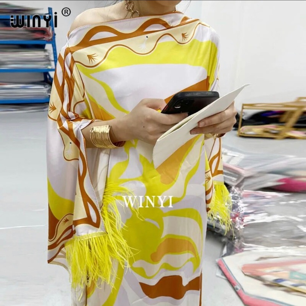 Feathered Kaftan Dress